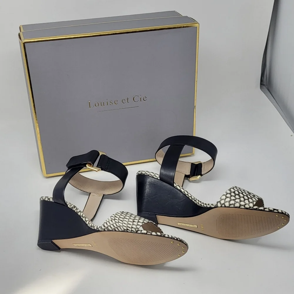 Louise et Cie Black and White Wedge Shoes with Textured Design and Ankle Strap - Picture 6 of 14
